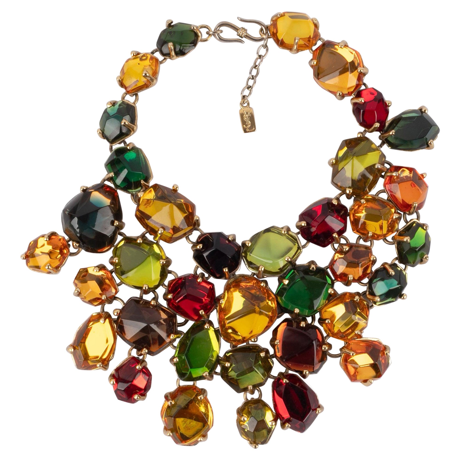 Yves Saint Laurent Golden Metal Dickey Necklace with Colorful Resin Cabochons For Sale