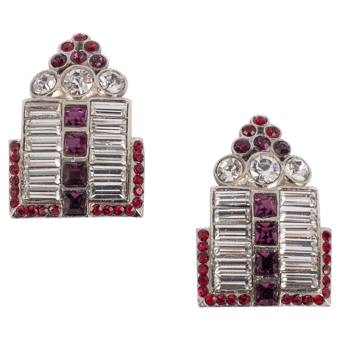 Dior Silvery Metal Clip-on Earrings with Rhinestones For Sale