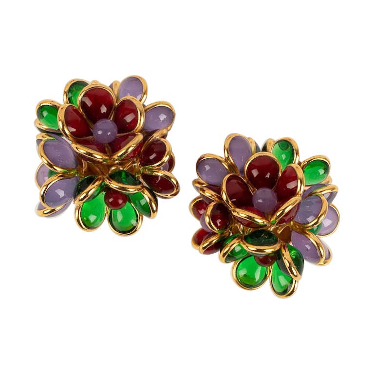 Augustine Golden Metal and Glass Paste Clip-on Earrings  For Sale
