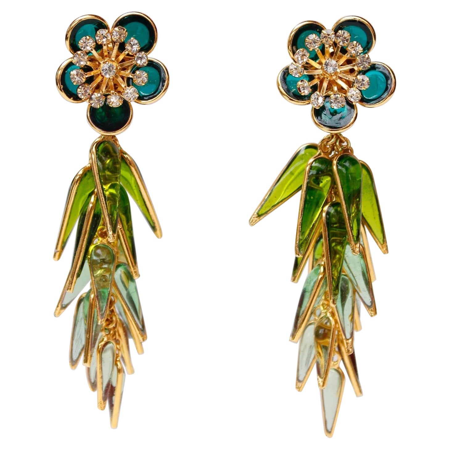 Augustine Golden Metal Earrings with Glass Paste and Rhinestones For Sale