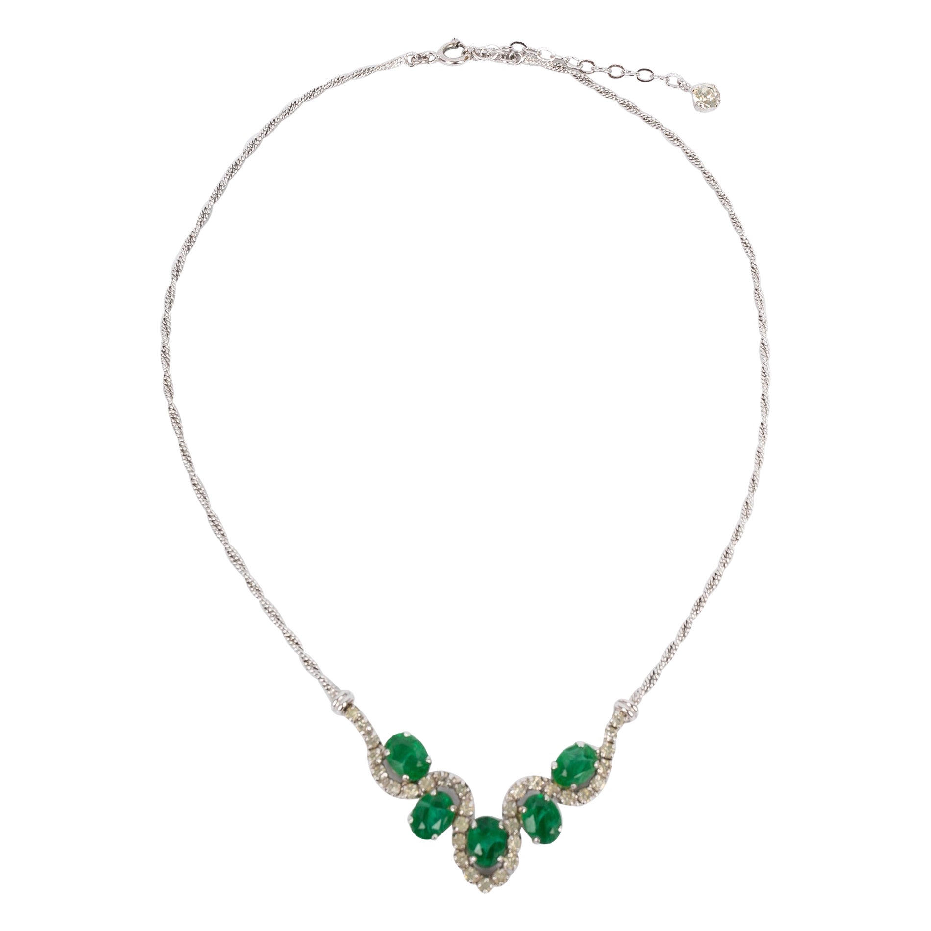 Dior Silvery Metal Short Necklace with Green Glass Paste Cabochons For Sale