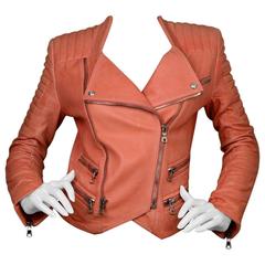 Balmain Salmon Padded Leather Moto Jacket sz FR36