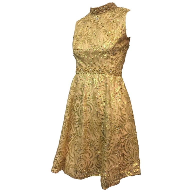 1960s Gold Lamé Mini Dress w Metal Studs and Rhinestones at 1stDibs