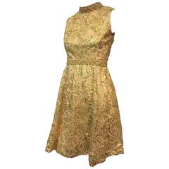 1960s Gold Lamé Mini Dress w Metal Studs and Rhinestones 