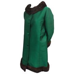 1960s Forest Green Silk Shantung Evening Coat w Mink Collar Cuffs and Hem