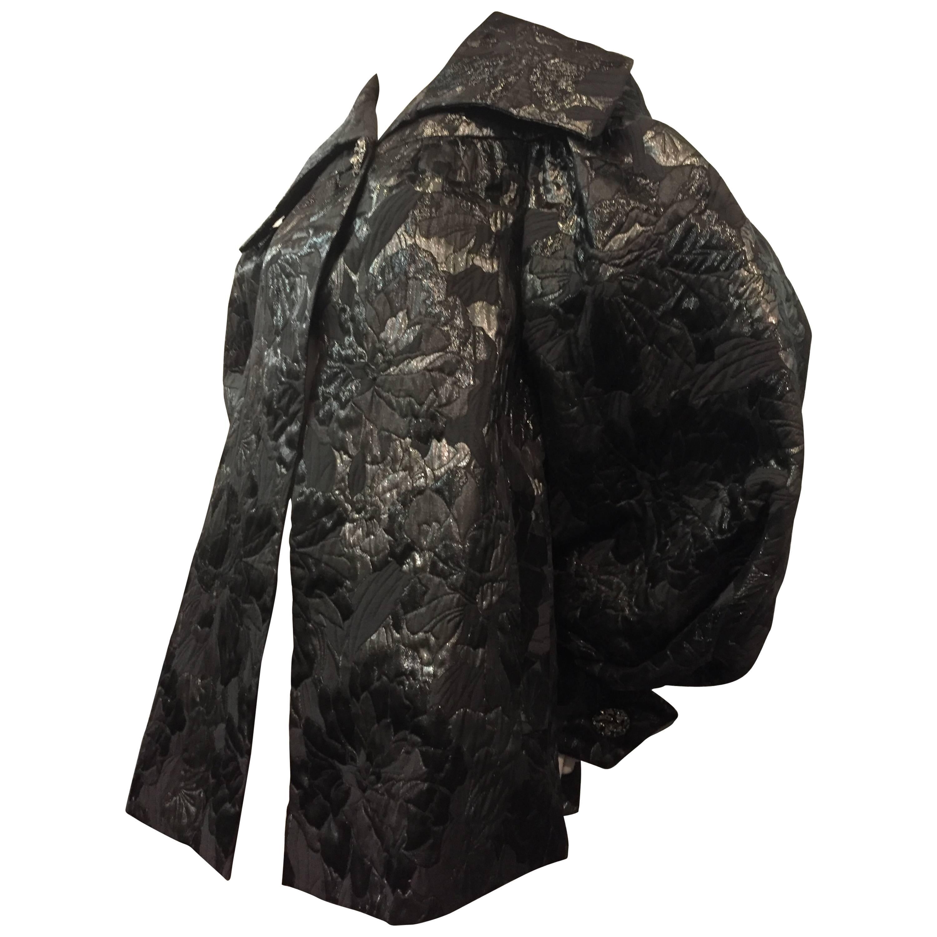 1980s Paul-Louis Orrier 1950s-Inspired Black and Gunmetal Brocade Swing Coat