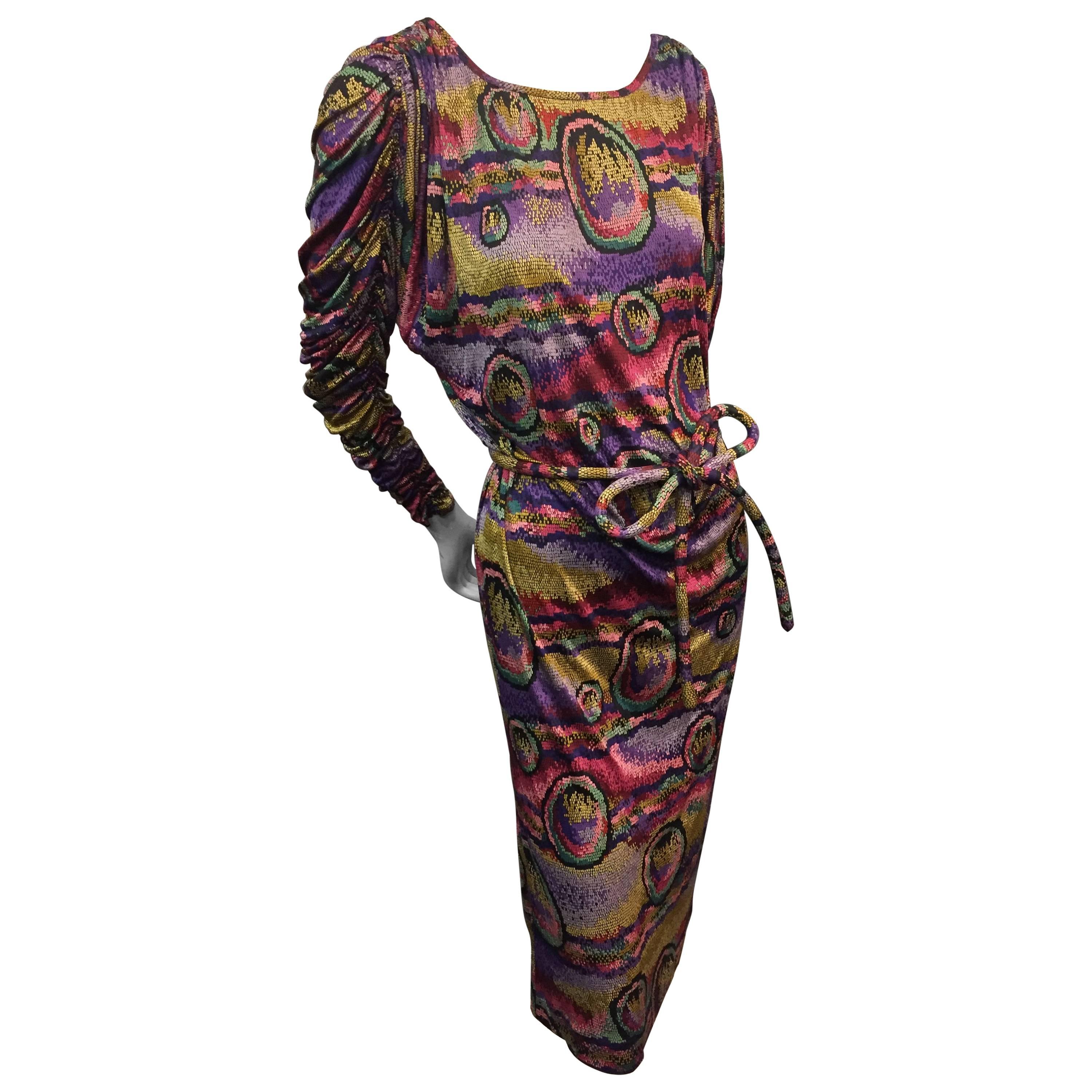 1980s Missoni Silk Jersey "Mosaic" Pattern Multicolor Dress w Dolman Sleeve