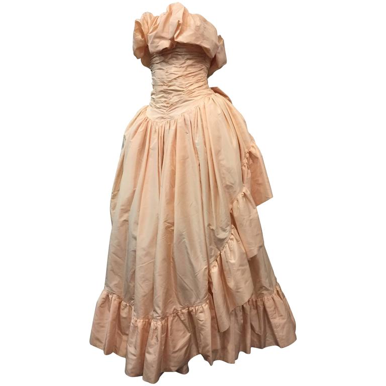 1980s Arnold Scaasi Shell Pink Tissue Silk Strapless Ruffled Ball Gown ...