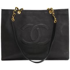 Vintage Chanel Jumbo XL Black Caviar Leather Shoulder Shopping Tote Bag