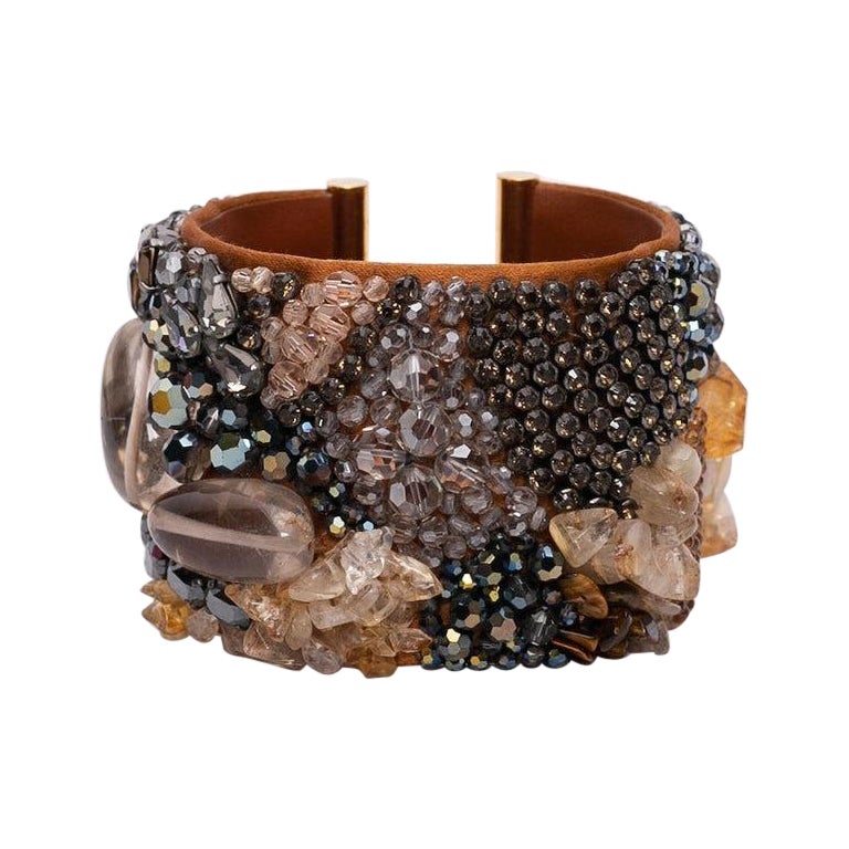 Swarovski Leather and Beads Cuff Bracelet, 1990s For Sale