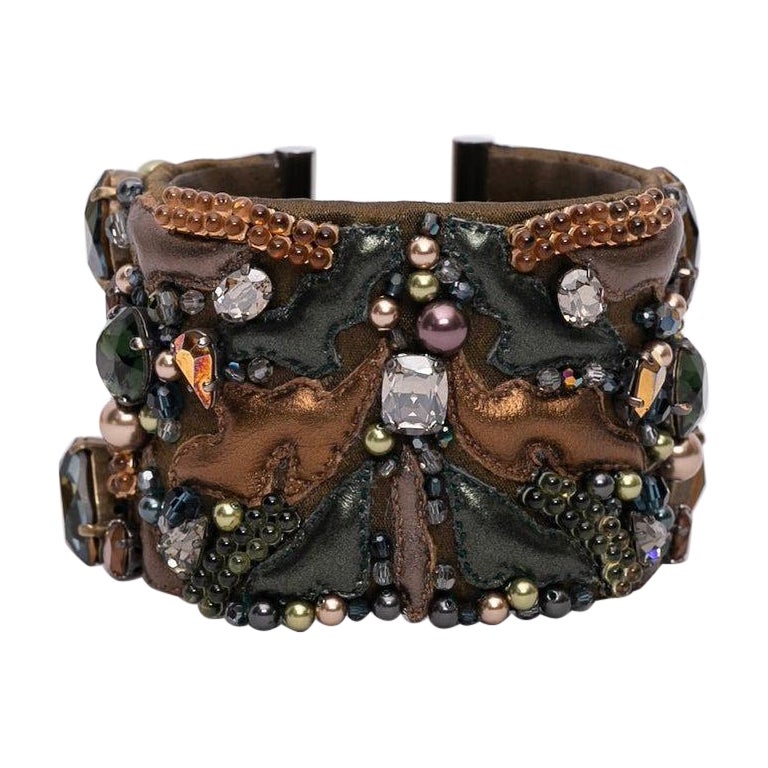 Swarovski Leather Cuff Bracelet Embroidered with Beads For Sale