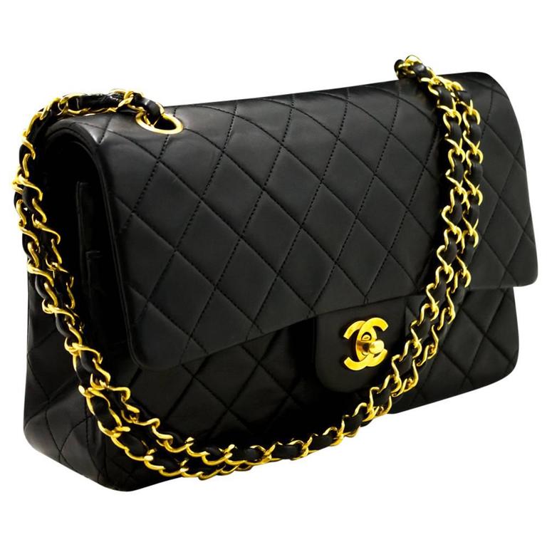 CHANEL 2.55 Double Flap 10" Chain Shoulder Bag Black Quilted Lamb at