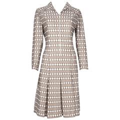 1970s Lerose Brown and Ivory Geometric Spot Flared Dress