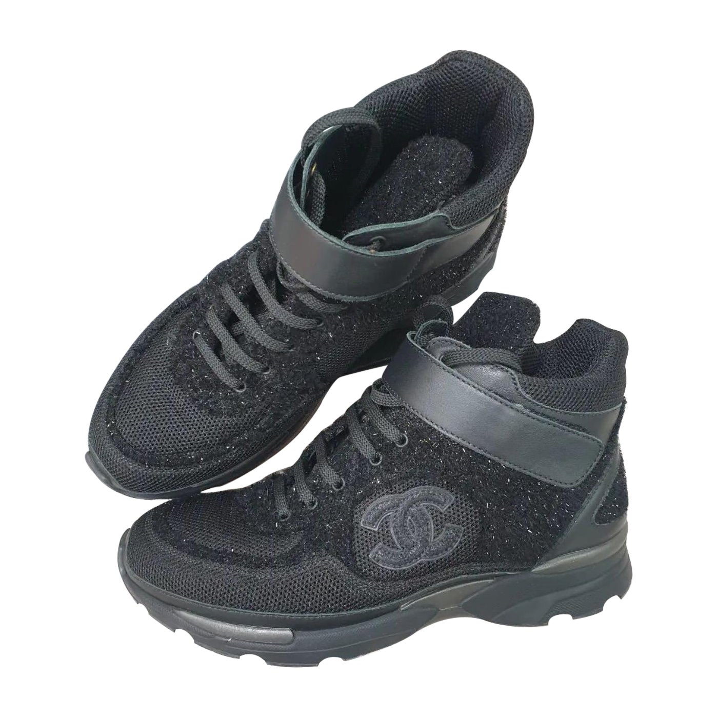 Chanel Black Suede Textile CC Logo Lace Up Sneakers For Sale