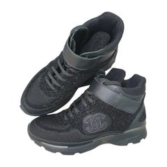 Chanel Black Suede Textile CC Logo Lace Up Sneakers