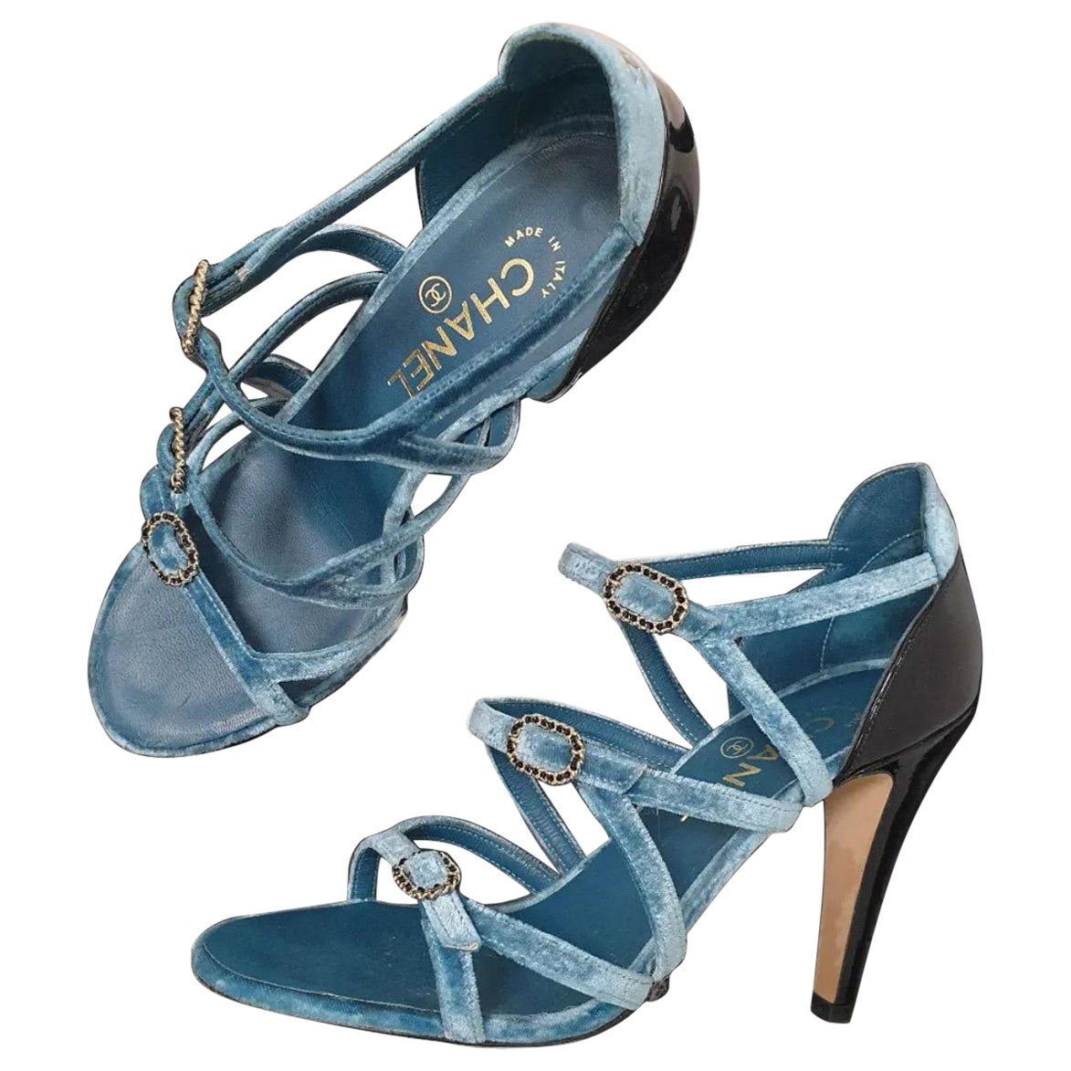 Chanel Blue Velvet Sandals For Sale