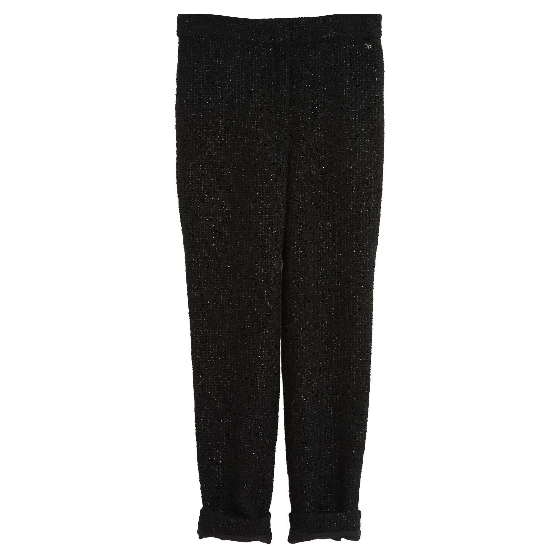 Pre Fall 2018 Chanel Black Shiny Tweed Pants FR40/42 For Sale