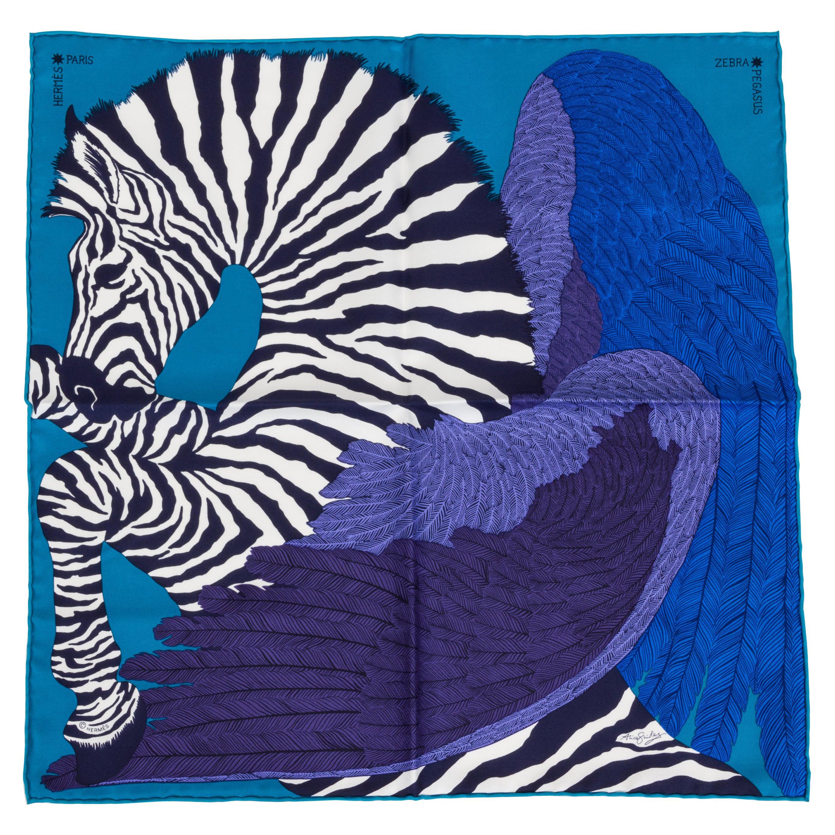 New in Box Hermès Teal & Blue Silk Pouchette Zebra Scarf For Sale