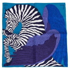 New in Box Hermès Teal & Blue Silk Pouchette Zebra Scarf