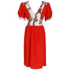 1970's Ossie Clark Red Moss-Crepe Celia Birtwell Floral Print Puff-Sleeve Dress