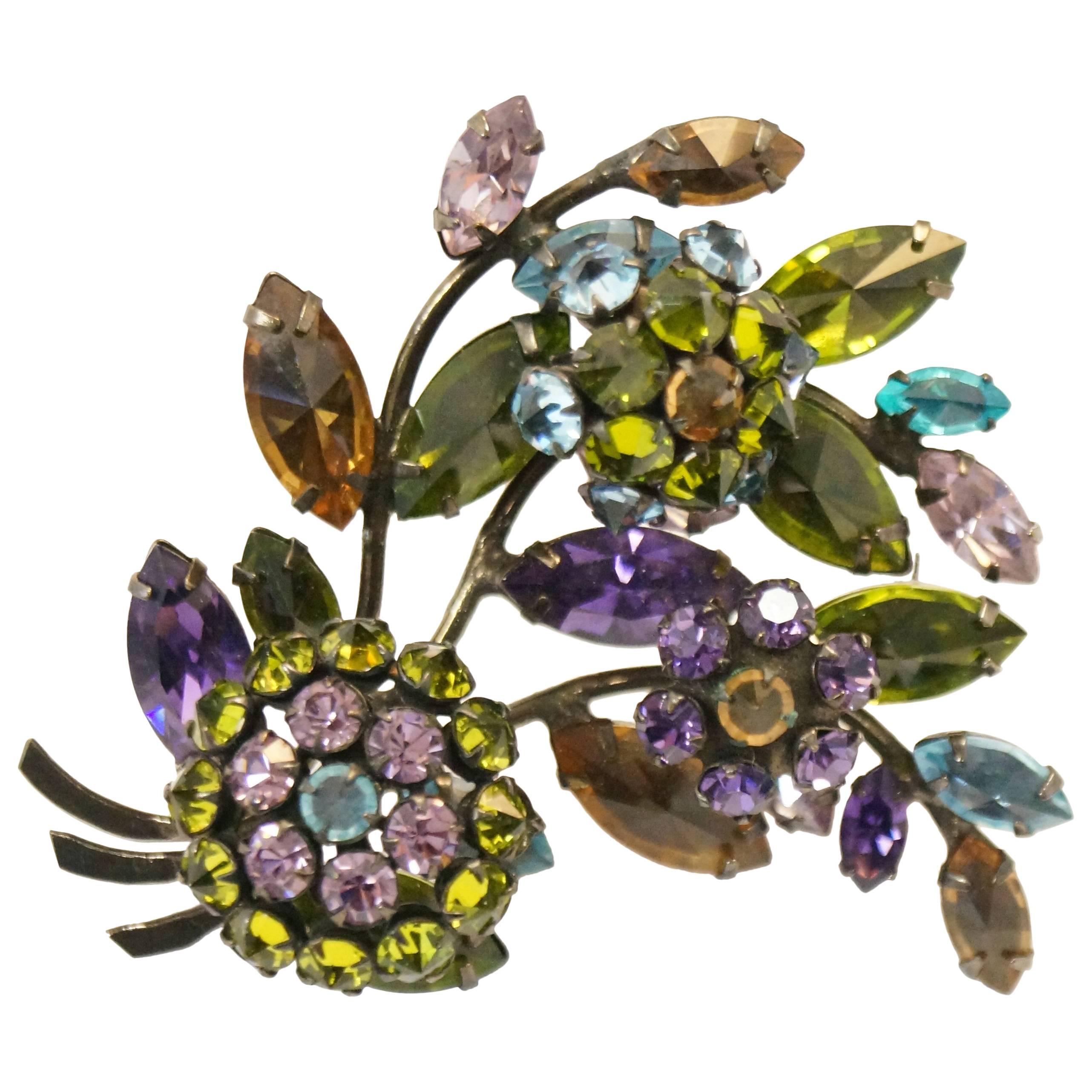 Vintage Schreiner New York Rhinestone Floral En Tremblant Brooch