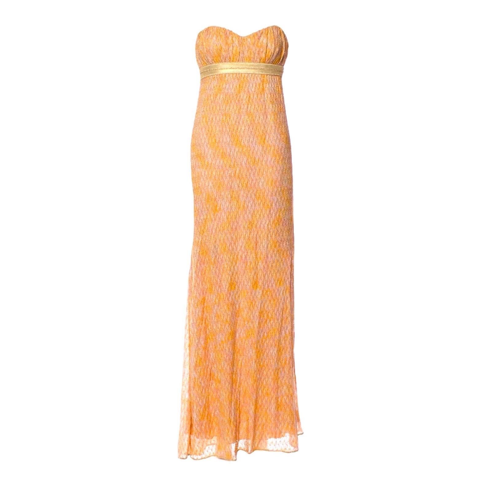UNWORN Missoni Gold Lurex Corset Crochet Knit Empire Evening Gown Maxi Dress 40 For Sale