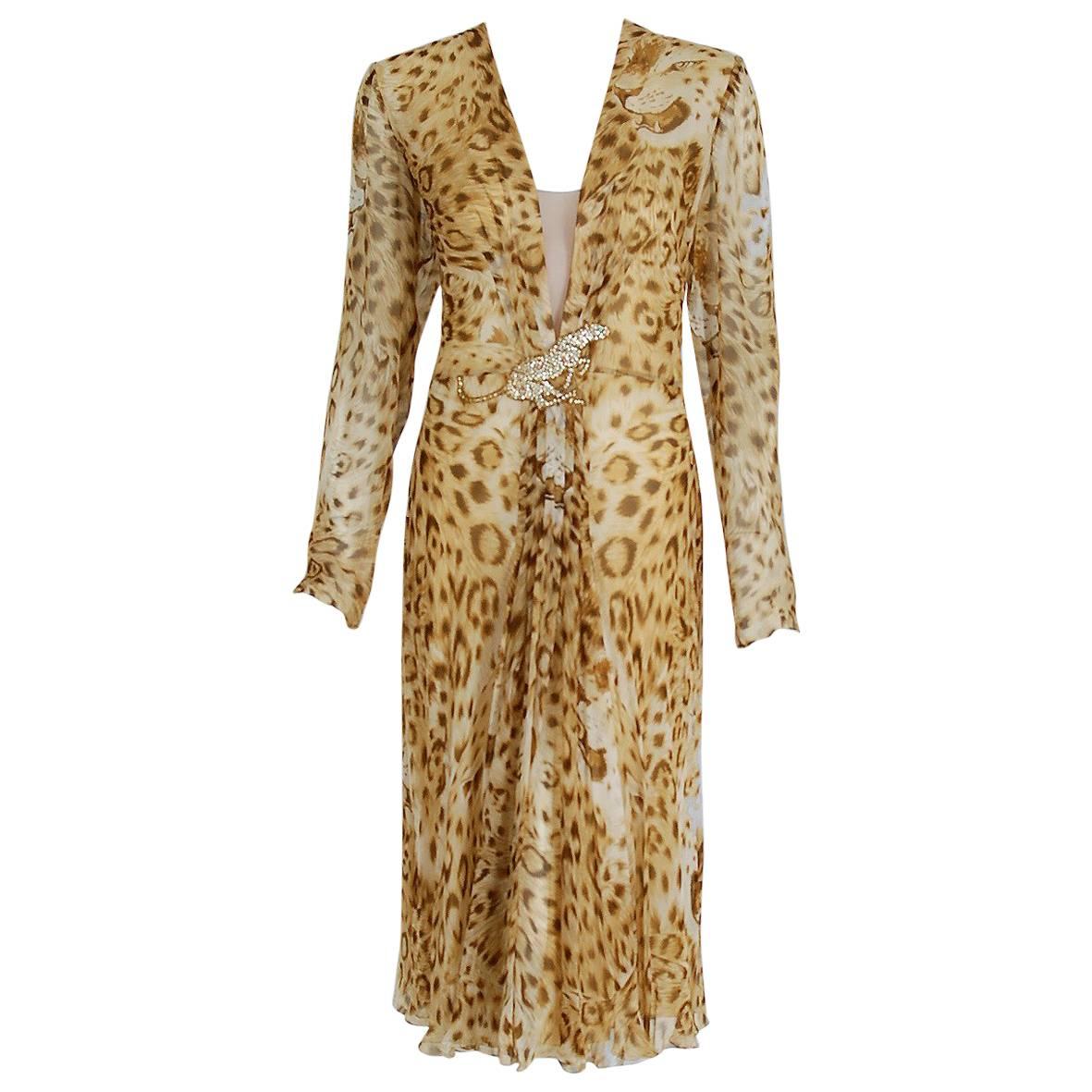 1977 Hanae Mori Couture Leopard Animal Print Chiffon Rhinestone Plunge Dress