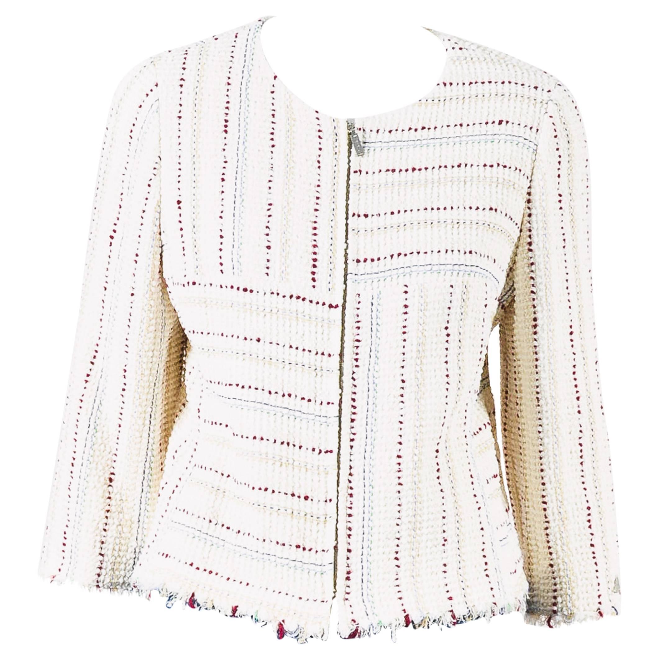 Chanel 00C Ivory Multicolor Boucle Striped Fringe Zip Jacket Size 44 For Sale
