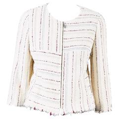 Chanel 00C Ivory Multicolor Boucle Striped Fringe Zip Jacket Size 44