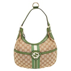 Gucci Green/Beige GG Canvas and Leather Reins Hobo
