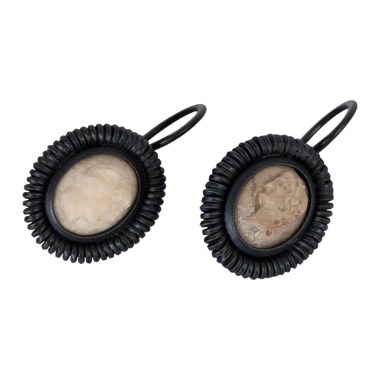 BOTTTEGA VENETA black 2011 OXIDISED STERLING SILVER CAMEO Earrings For Sale