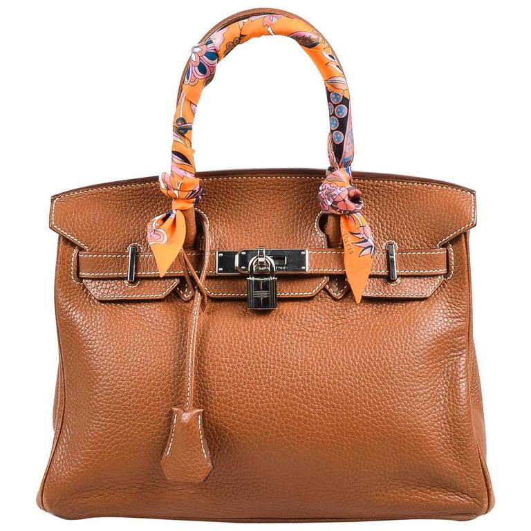 Hermes Gold Brown Clemence Grained Leather Birkin 30cm Bag Twilly Scarf