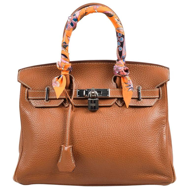 Hermes Gold Brown Clemence Grained Leather Birkin 30cm Bag and