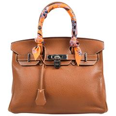 Hermes "Gold" Brown Clemence Grained Leather "Birkin" 30cm Bag & "Twilly" Scarf