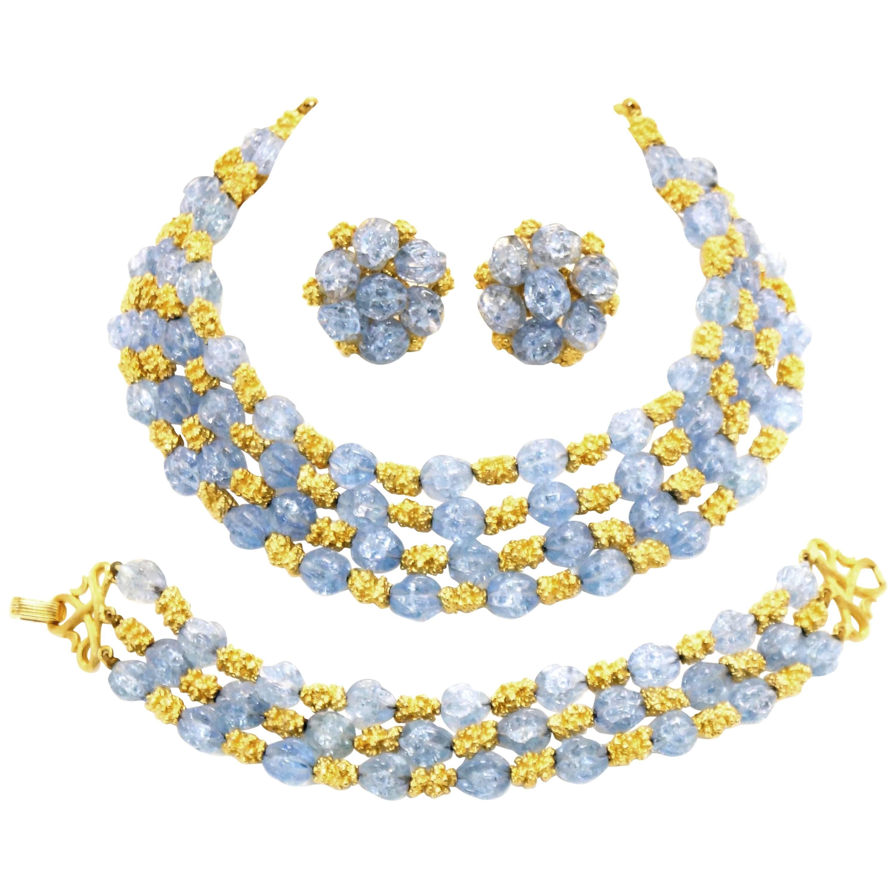 1950s Trifari Grand Parure - Blue Rhinestone with Gold Tone Nugget Spacers For Sale