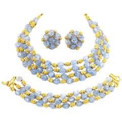 Vintage 1950s Trifari Grand Parure - Blue Rhinestone with Gold Tone Nugget Spacers