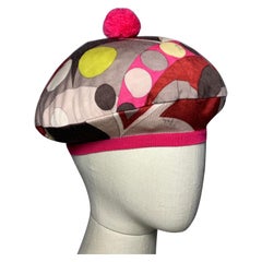 Emilio Pucci Merino Wool Knit Mod Print Beret w Pompom