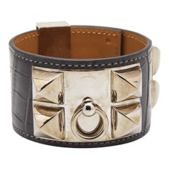 Hermes Collier De Chien Matte Graphite Alligator Leather Palladium Plated Cuff B