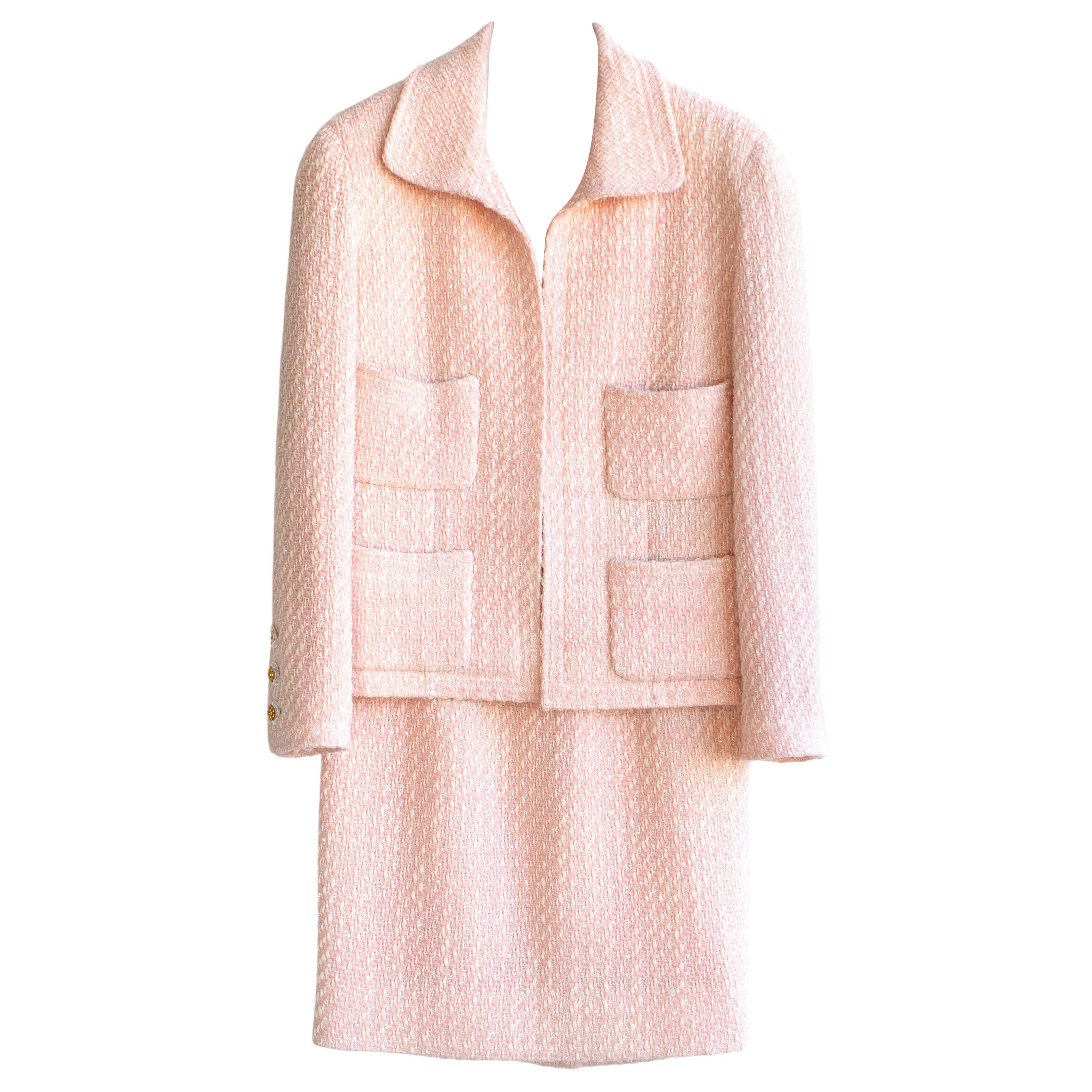 Rare Chanel Vintage S/S 1992 Pink Tweed Gold Camellia Jacket Skirt Suit For Sale