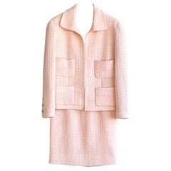Rare Chanel Used S/S 1992 Pink Tweed Gold Camellia Jacket Skirt Suit