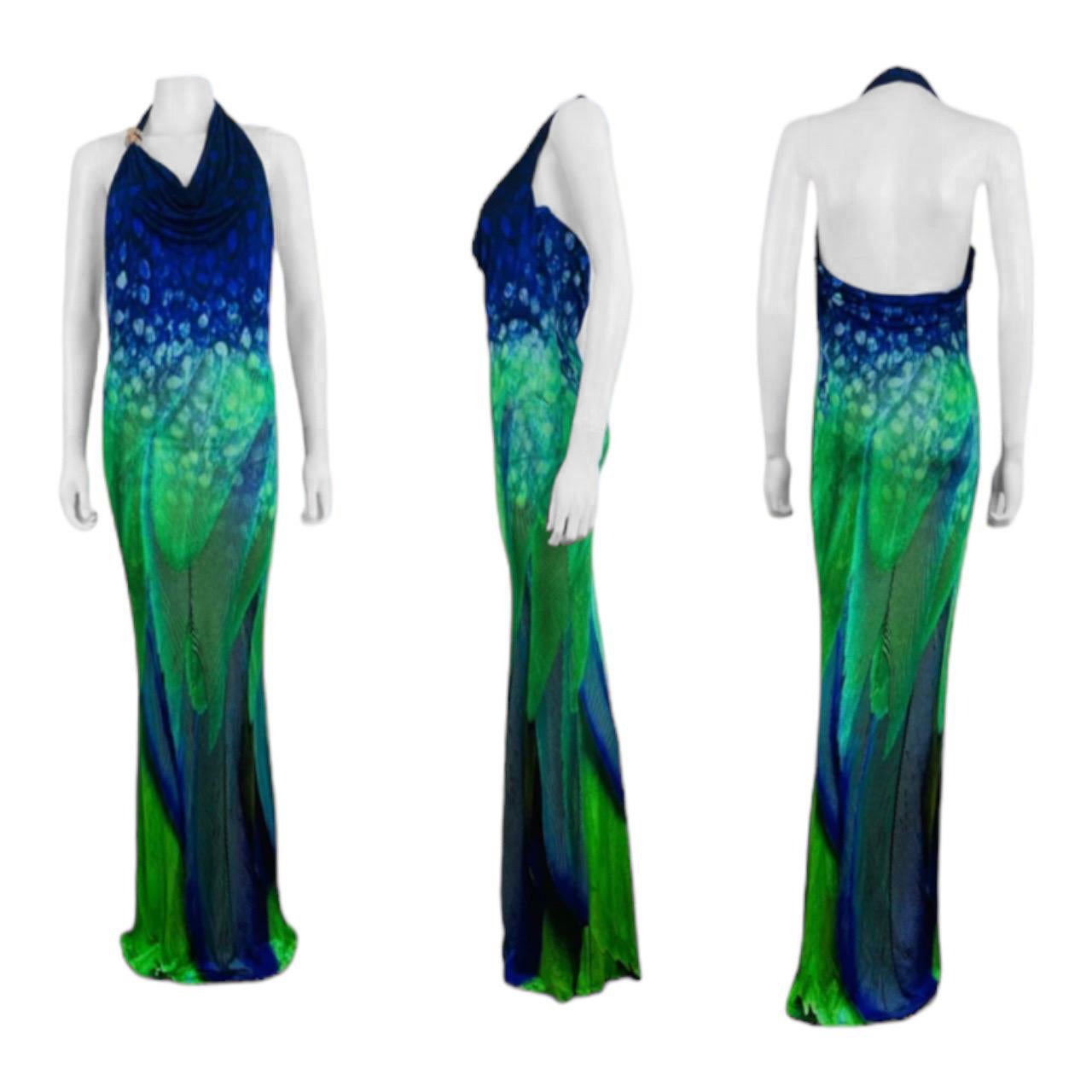 Vintage Y2K Roberto Cavalli Peacock Feather Halter Maxi Dress Gown Open Back For Sale