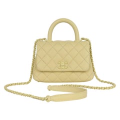 Vintage Chanel Coco Top Handle Classic Flap Bag Quilted Caviar Mini Yellow