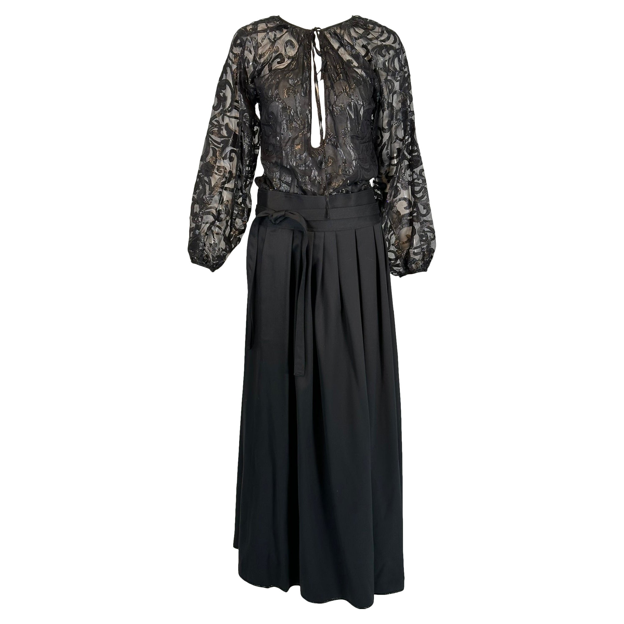 Geoffrey Beene Sheer Black Silk Tie Neck Blouse/High Waist Silk Maxi Skirt Set For Sale