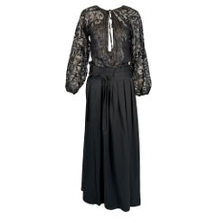 Antique Geoffrey Beene Sheer Black Silk Tie Neck Blouse/High Waist Silk Maxi Skirt Set