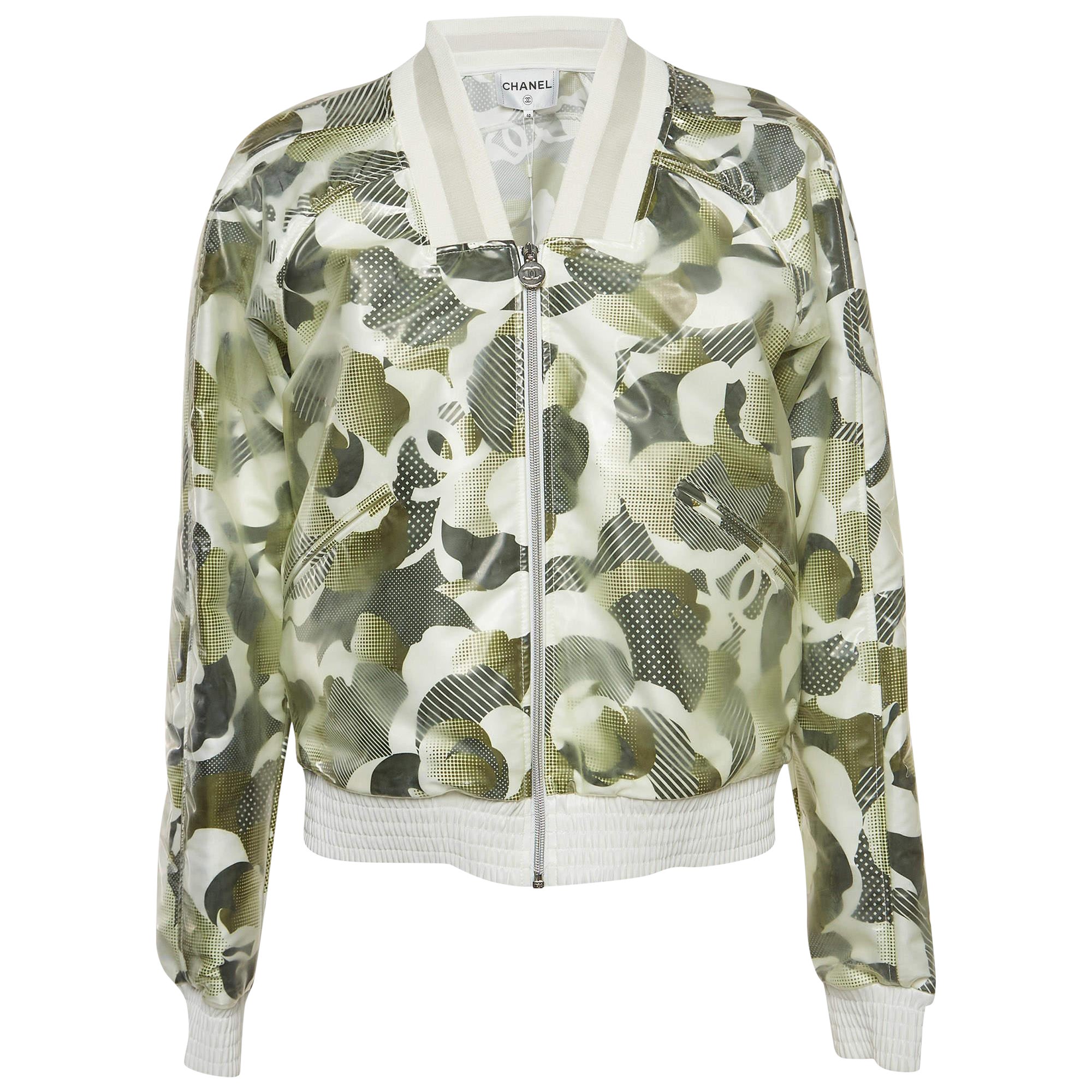 Chanel Dark Green Printed Synthetic Vinyl Bomber Jacket M For Sale
