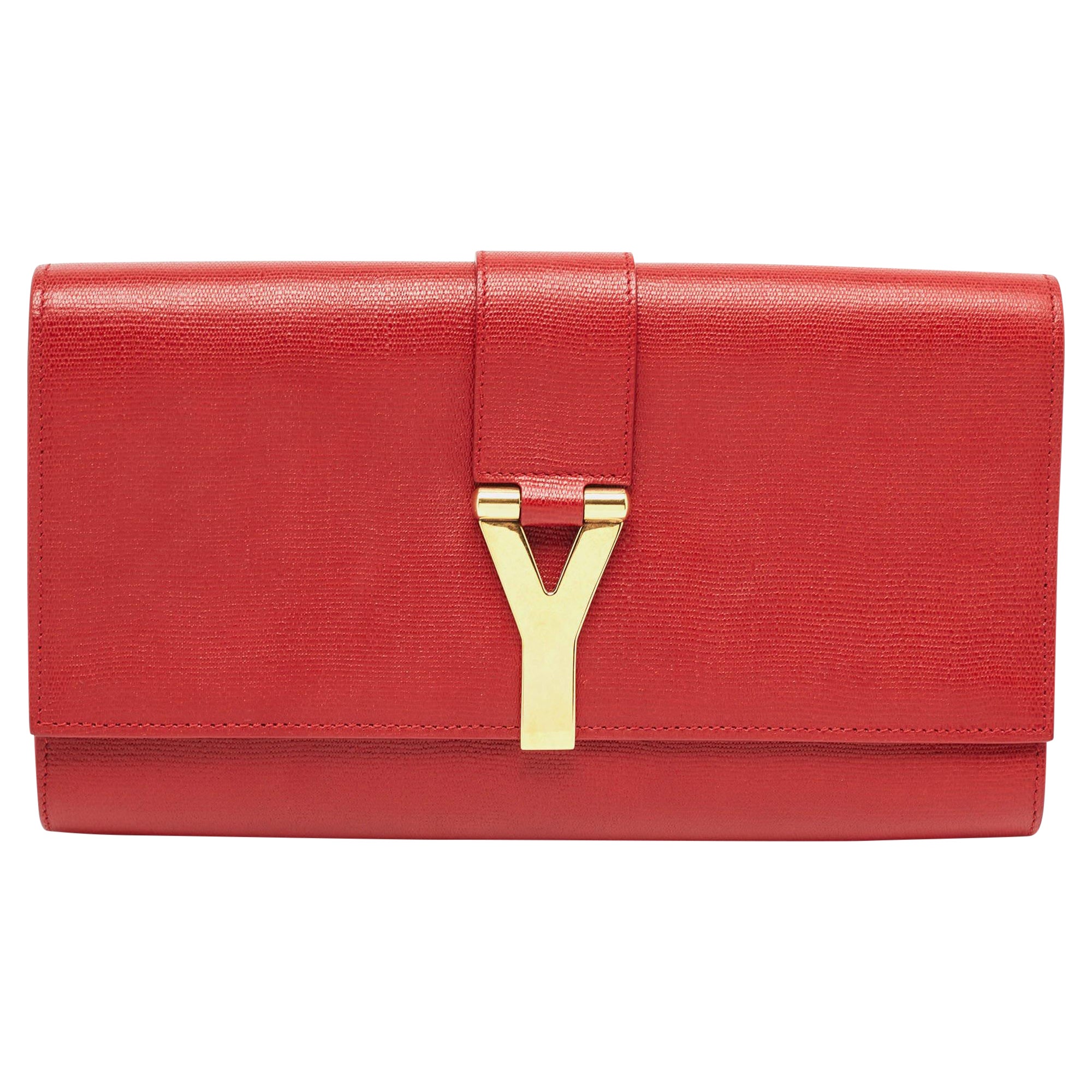 Yves Saint Laurent Red Leather Y-Ligne Clutch For Sale