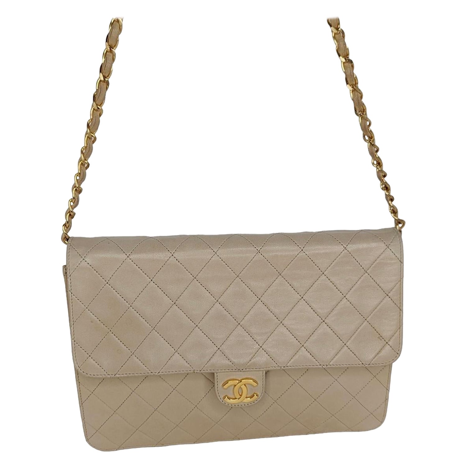 Chanel Vintage Beige Quilted Lambskin Medium Flap Bag For Sale