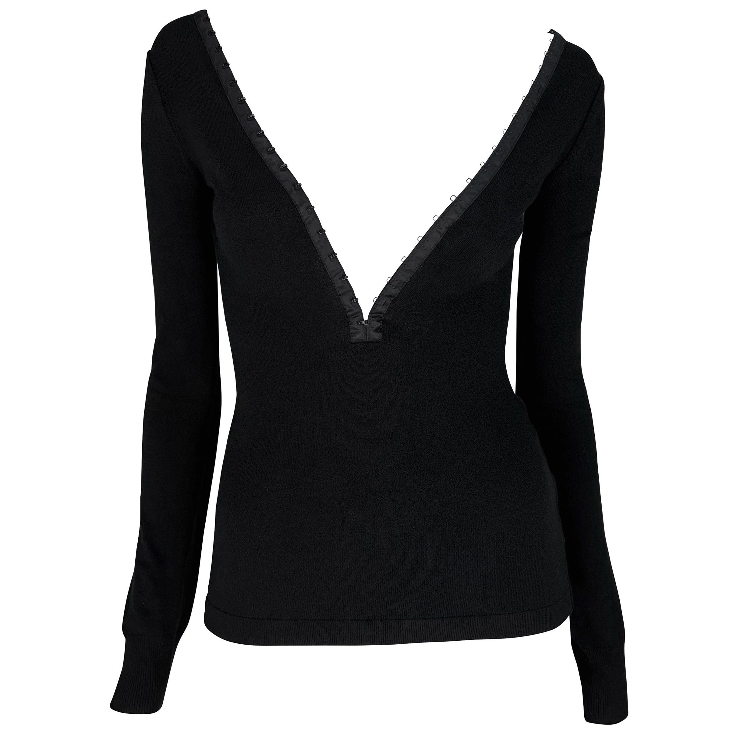 S/S 2003 Dolce & Gabbana Hook & Eye Plunging Black Bodycon Knit Long-Sleeve Top For Sale