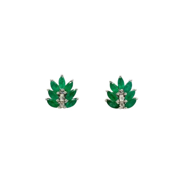 Genuine Emerald Diamond Leaf Stud Earrings in 925 Sterling Silver For Sale