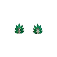 Genuine Emerald Diamond Leaf Stud Earrings in 925 Sterling Silver